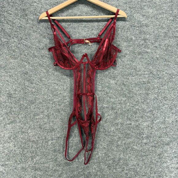 Roma Other - Roma Embellished Lace Bodysuit Women L Large Red Underwired Sheer Hook & Eye
